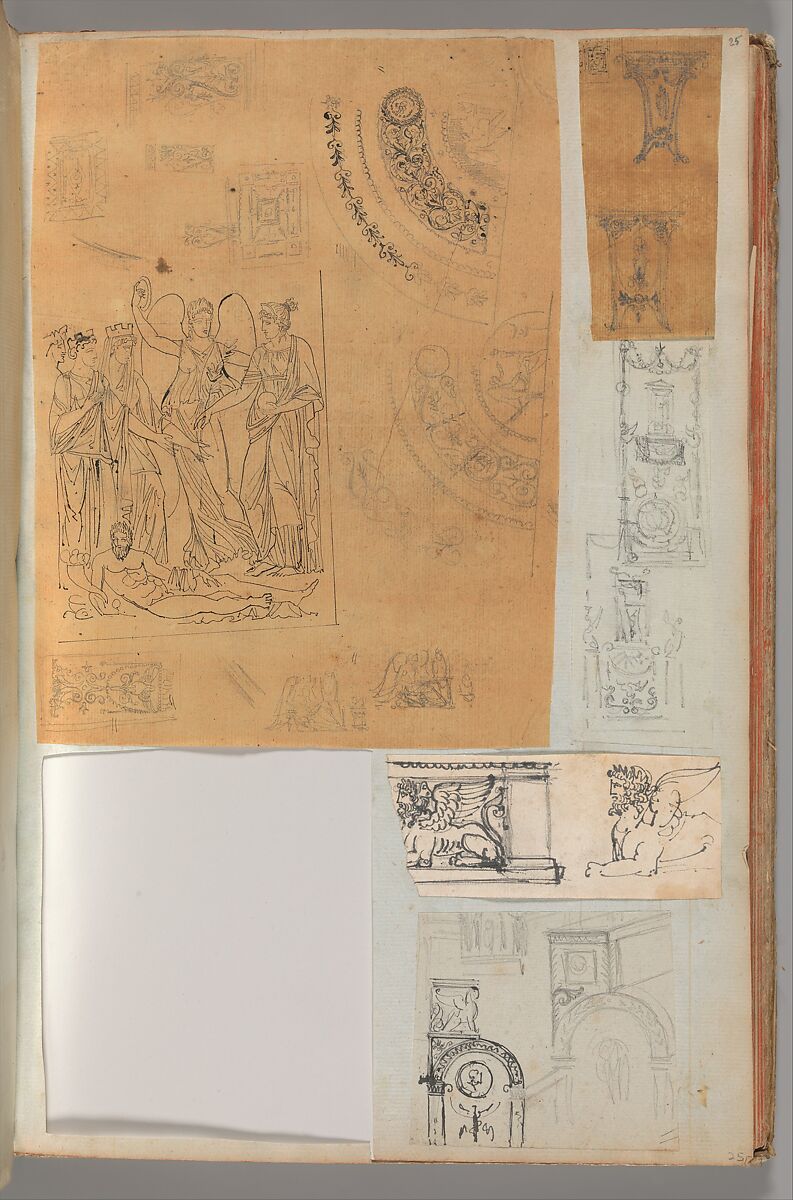 Page from a Scrapbook containing Drawings and Several Prints of Architecture, Interiors, Furniture and Other Objects, Workshop of Charles Percier (French, Paris 1764–1838 Paris), Pen and black and gray ink, graphite, black chalk 