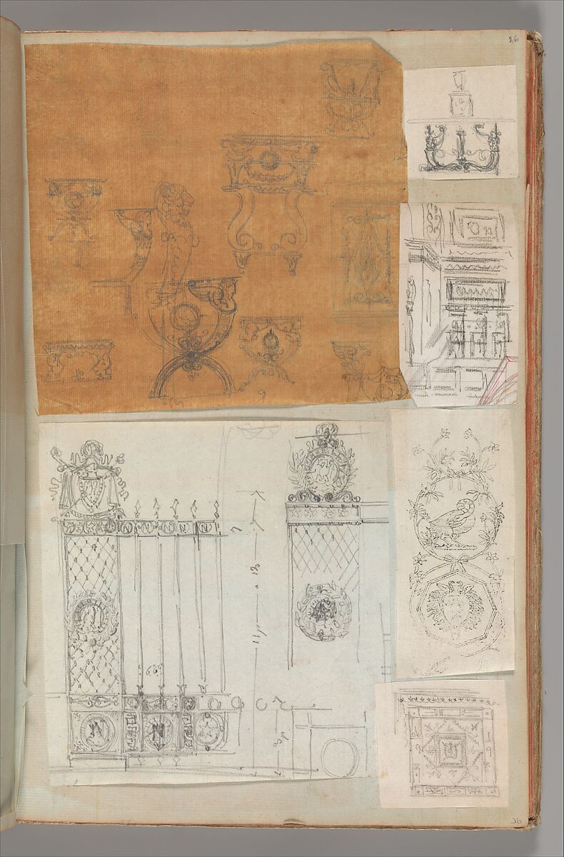 Page from a Scrapbook containing Drawings and Several Prints of Architecture, Interiors, Furniture and Other Objects, Workshop of Charles Percier (French, Paris 1764–1838 Paris), Pen and black and gray ink, graphite, black chalk 