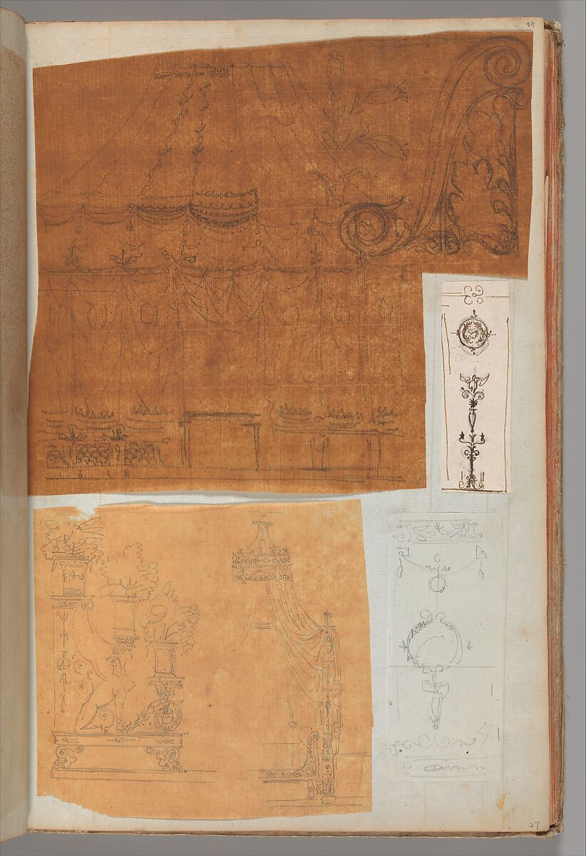 Page from a Scrapbook containing Drawings and Several Prints of Architecture, Interiors, Furniture and Other Objects, Workshop of Charles Percier (French, Paris 1764–1838 Paris), Pen and black and gray ink, graphite, black chalk 