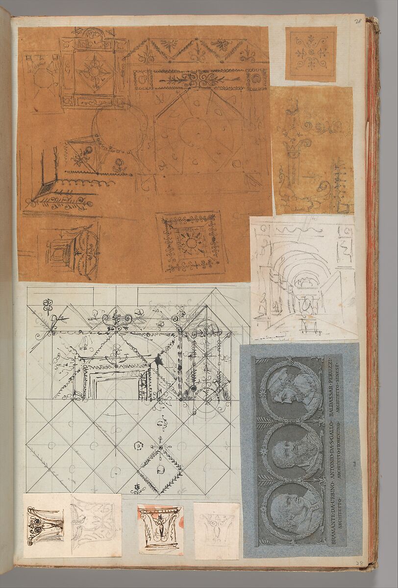 Page from a Scrapbook containing Drawings and Several Prints of Architecture, Interiors, Furniture and Other Objects, Workshop of Charles Percier (French, Paris 1764–1838 Paris), Pen and black and gray ink, graphite, black chalk 