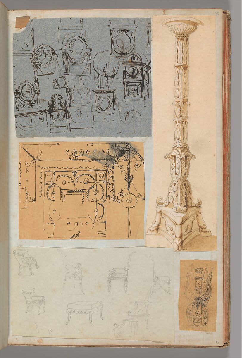 Page from a Scrapbook containing Drawings and Several Prints of Architecture, Interiors, Furniture and Other Objects, Workshop of Charles Percier (French, Paris 1764–1838 Paris), Pen and black and gray ink, graphite, black chalk 