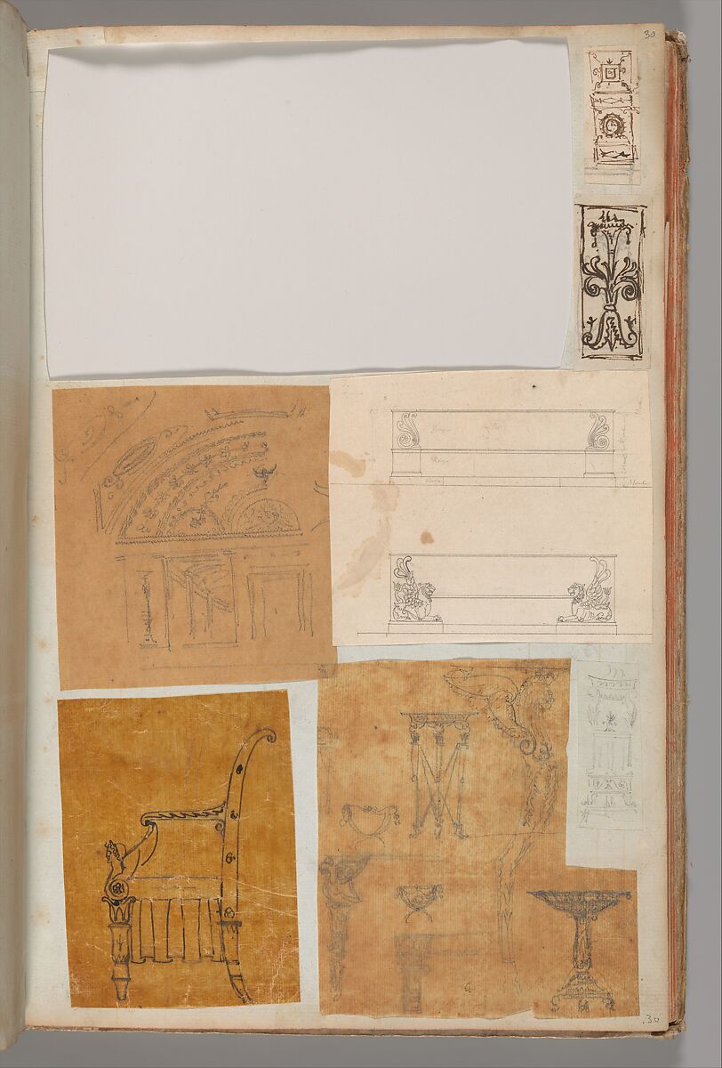 Page from a Scrapbook containing Drawings and Several Prints of Architecture, Interiors, Furniture and Other Objects, Workshop of Charles Percier (French, Paris 1764–1838 Paris), Pen and black and gray ink, graphite, black chalk 