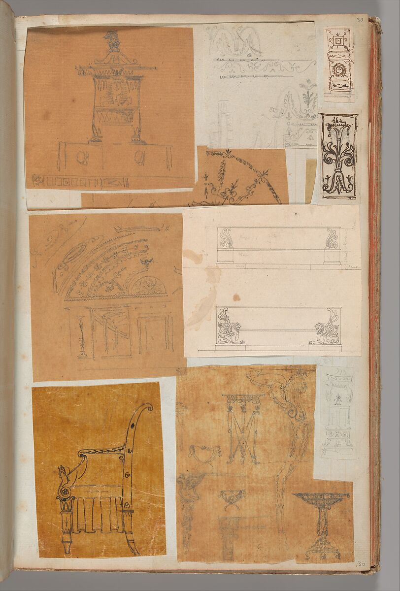 Page from a Scrapbook containing Drawings and Several Prints of Architecture, Interiors, Furniture and Other Objects, Workshop of Charles Percier (French, Paris 1764–1838 Paris), Pen and black and gray ink, graphite, black chalk