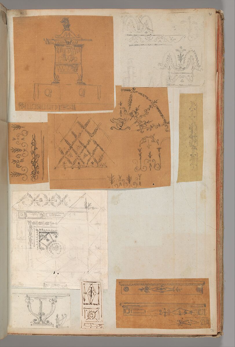 Page from a Scrapbook containing Drawings and Several Prints of Architecture, Interiors, Furniture and Other Objects, Workshop of Charles Percier (French, Paris 1764–1838 Paris), Pen and black and gray ink, graphite, black chalk 