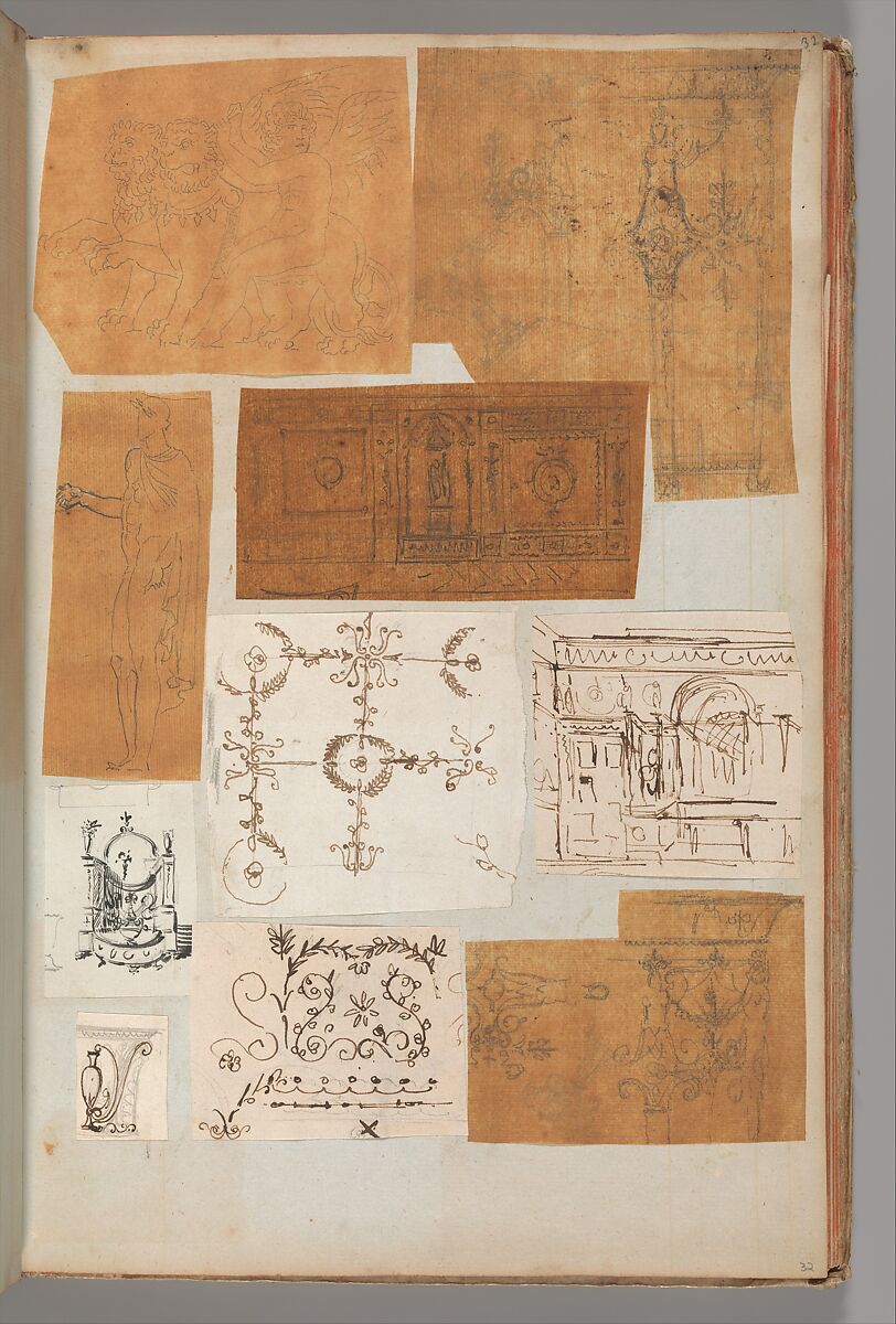 Page from a Scrapbook containing Drawings and Several Prints of Architecture, Interiors, Furniture and Other Objects, Workshop of Charles Percier (French, Paris 1764–1838 Paris), Pen and black and gray ink, graphite, black chalk 