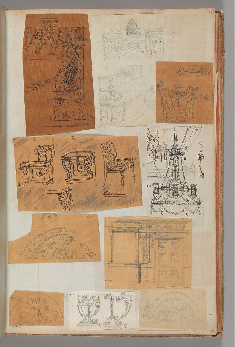 Page from a Scrapbook containing Drawings and Several Prints of Architecture, Interiors, Furniture and Other Objects, Workshop of Charles Percier (French, Paris 1764–1838 Paris), Pen and black and gray ink, graphite, black chalk 