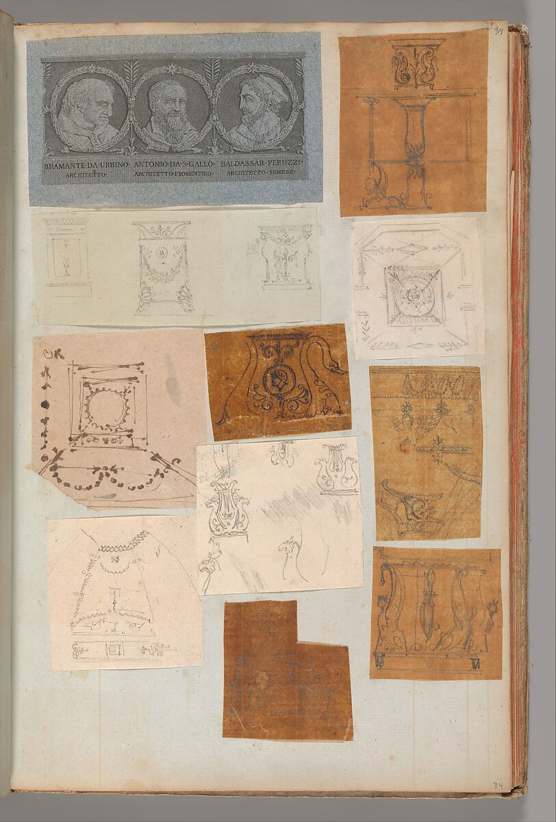 Page from a Scrapbook containing Drawings and Several Prints of Architecture, Interiors, Furniture and Other Objects, Workshop of Charles Percier (French, Paris 1764–1838 Paris), Pen and black and gray ink, graphite, black chalk 