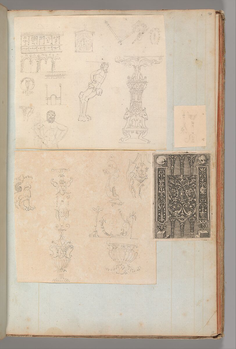 Page from a Scrapbook containing Drawings and Several Prints of Architecture, Interiors, Furniture and Other Objects, Workshop of Charles Percier (French, Paris 1764–1838 Paris), Pen and black and gray ink, graphite, black chalk 