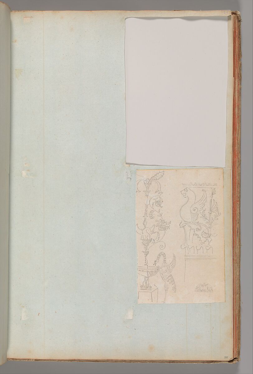 Page from a Scrapbook containing Drawings and Several Prints of Architecture, Interiors, Furniture and Other Objects, Workshop of Charles Percier (French, Paris 1764–1838 Paris), Pen and black and gray ink, graphite, black chalk