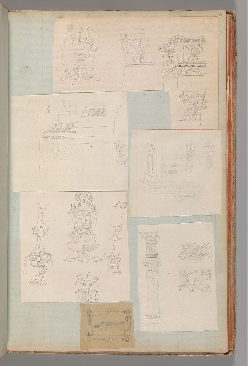 Page from a Scrapbook containing Drawings and Several Prints of Architecture, Interiors, Furniture and Other Objects, Workshop of Charles Percier (French, Paris 1764–1838 Paris), Pen and black and gray ink, graphite, black chalk 