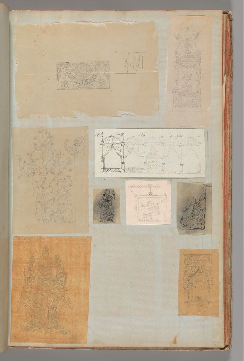 Page from a Scrapbook containing Drawings and Several Prints of Architecture, Interiors, Furniture and Other Objects, Workshop of Charles Percier (French, Paris 1764–1838 Paris), Pen and black and gray ink, graphite, black chalk 