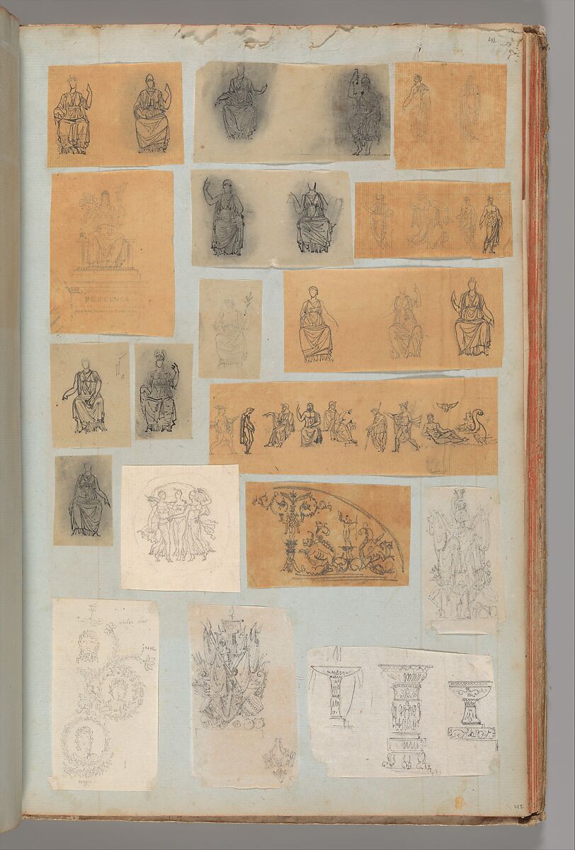 Page from a Scrapbook containing Drawings and Several Prints of Architecture, Interiors, Furniture and Other Objects, Workshop of Charles Percier (French, Paris 1764–1838 Paris), Pen and black and gray ink, graphite, black chalk 