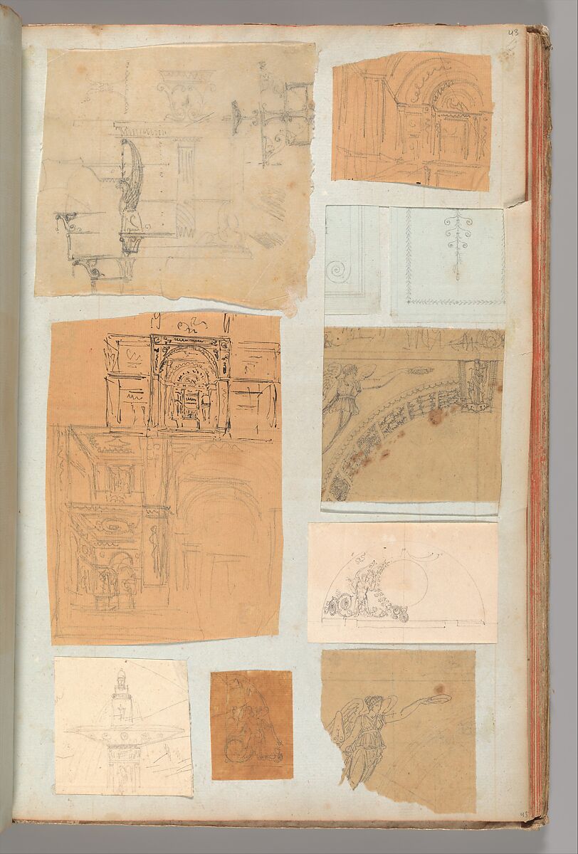 Page from a Scrapbook containing Drawings and Several Prints of Architecture, Interiors, Furniture and Other Objects, Workshop of Charles Percier (French, Paris 1764–1838 Paris), Pen and black and gray ink, graphite, black chalk 