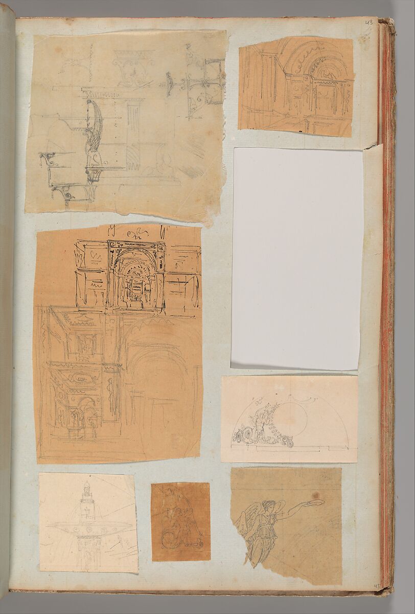 Page from a Scrapbook containing Drawings and Several Prints of Architecture, Interiors, Furniture and Other Objects, Workshop of Charles Percier (French, Paris 1764–1838 Paris), Pen and black and gray ink, graphite, black chalk