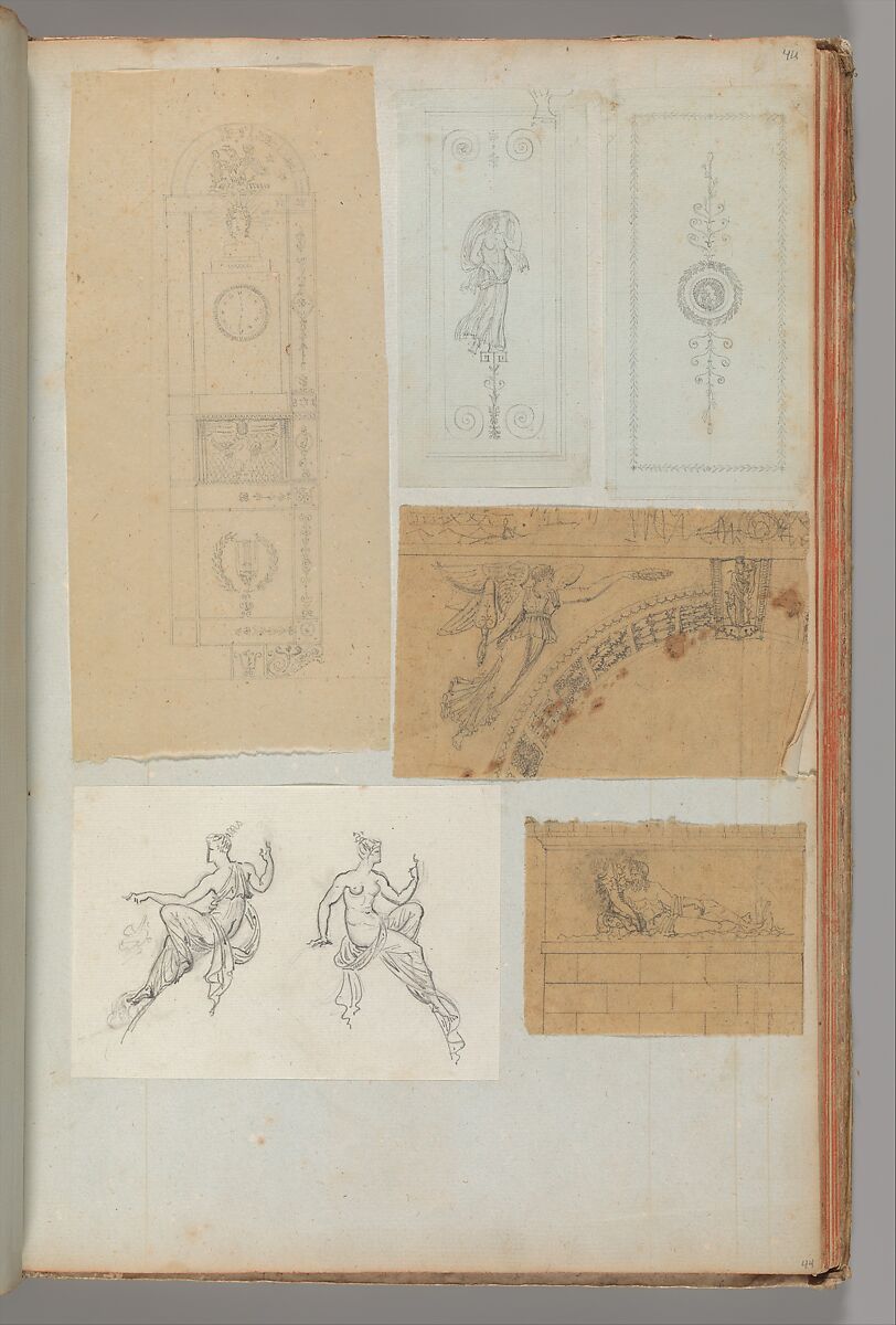 Page from a Scrapbook containing Drawings and Several Prints of Architecture, Interiors, Furniture and Other Objects, Workshop of Charles Percier (French, Paris 1764–1838 Paris), Pen and black and gray ink, graphite, black chalk 