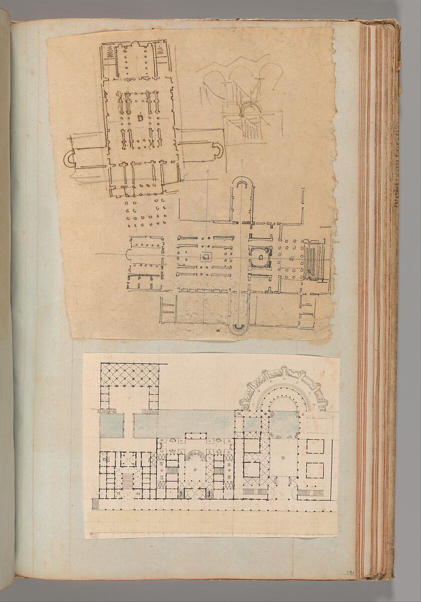 Page from a Scrapbook containing Drawings and Several Prints of Architecture, Interiors, Furniture and Other Objects, Workshop of Charles Percier (French, Paris 1764–1838 Paris), Pen and black and gray ink, graphite, black chalk 