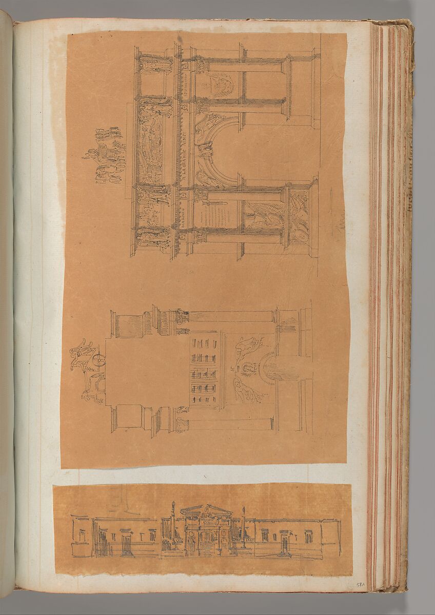 Page from a Scrapbook containing Drawings and Several Prints of Architecture, Interiors, Furniture and Other Objects, Workshop of Charles Percier (French, Paris 1764–1838 Paris), Pen and black and gray ink, graphite, black chalk 