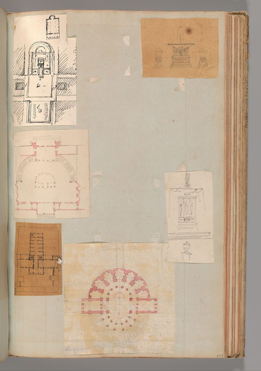 Page from a Scrapbook containing Drawings and Several Prints of Architecture, Interiors, Furniture and Other Objects, Workshop of Charles Percier (French, Paris 1764–1838 Paris), Pen and black and gray ink, graphite, black chalk 