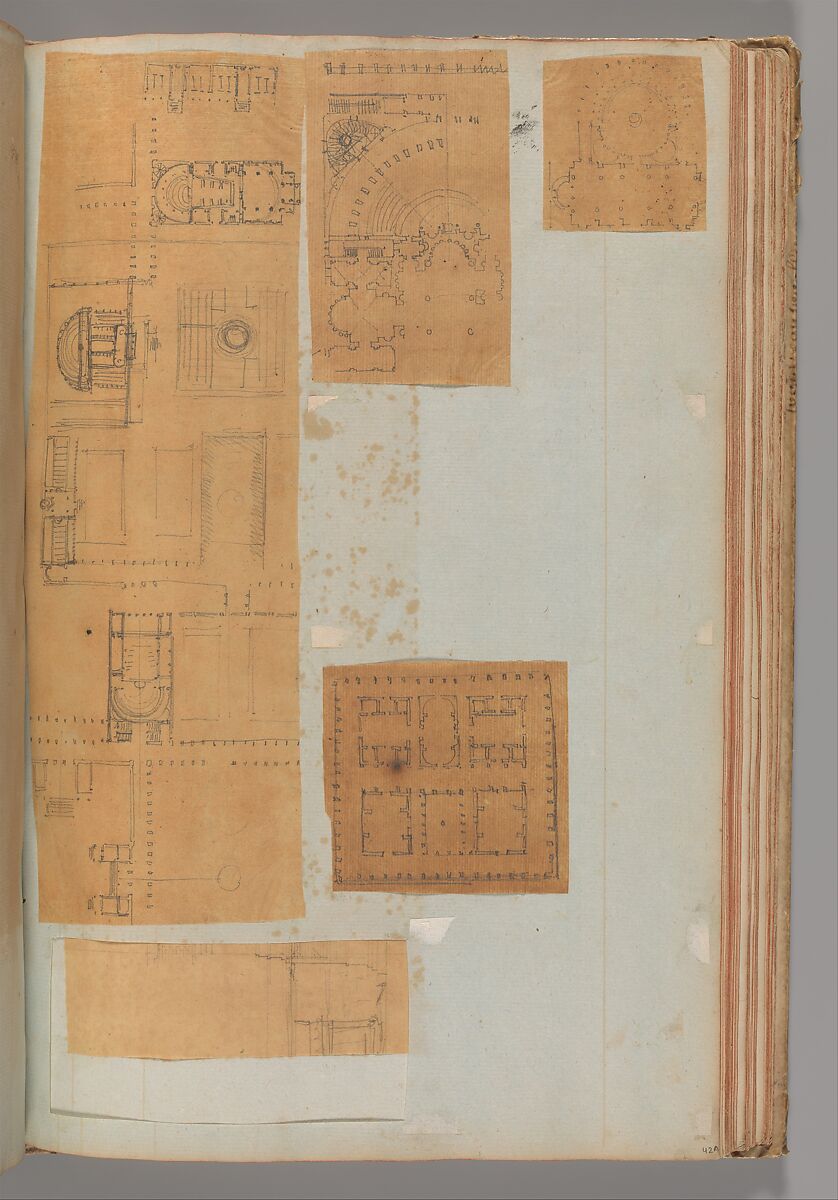 Page from a Scrapbook containing Drawings and Several Prints of Architecture, Interiors, Furniture and Other Objects, Workshop of Charles Percier (French, Paris 1764–1838 Paris), Pen and black and gray ink, graphite, black chalk 