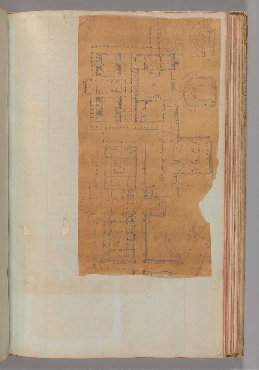 Page from a Scrapbook containing Drawings and Several Prints of Architecture, Interiors, Furniture and Other Objects, Workshop of Charles Percier (French, Paris 1764–1838 Paris), Pen and black and gray ink, graphite, black chalk 