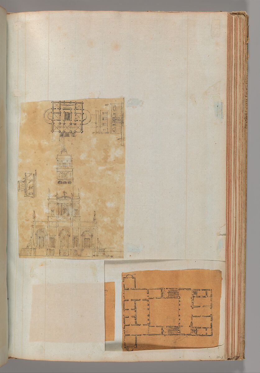 Page from a Scrapbook containing Drawings and Several Prints of Architecture, Interiors, Furniture and Other Objects, Workshop of Charles Percier (French, Paris 1764–1838 Paris), Pen and black and gray ink, graphite, black chalk 