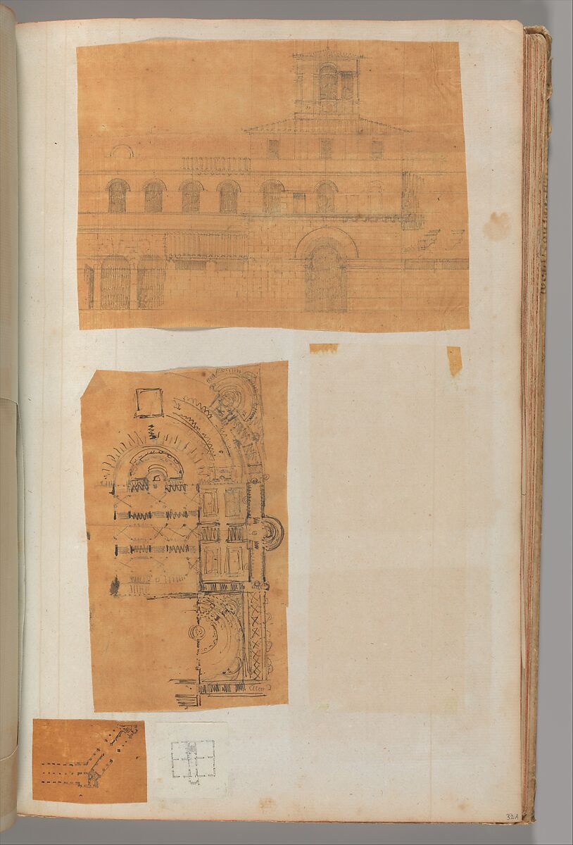 Page from a Scrapbook containing Drawings and Several Prints of Architecture, Interiors, Furniture and Other Objects, Workshop of Charles Percier (French, Paris 1764–1838 Paris), Pen and black and gray ink, graphite, black chalk 