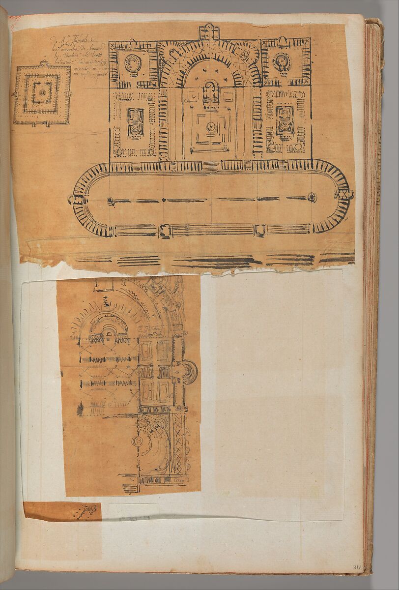 Page from a Scrapbook containing Drawings and Several Prints of Architecture, Interiors, Furniture and Other Objects, Workshop of Charles Percier (French, Paris 1764–1838 Paris), Pen and black and gray ink, graphite, black chalk 