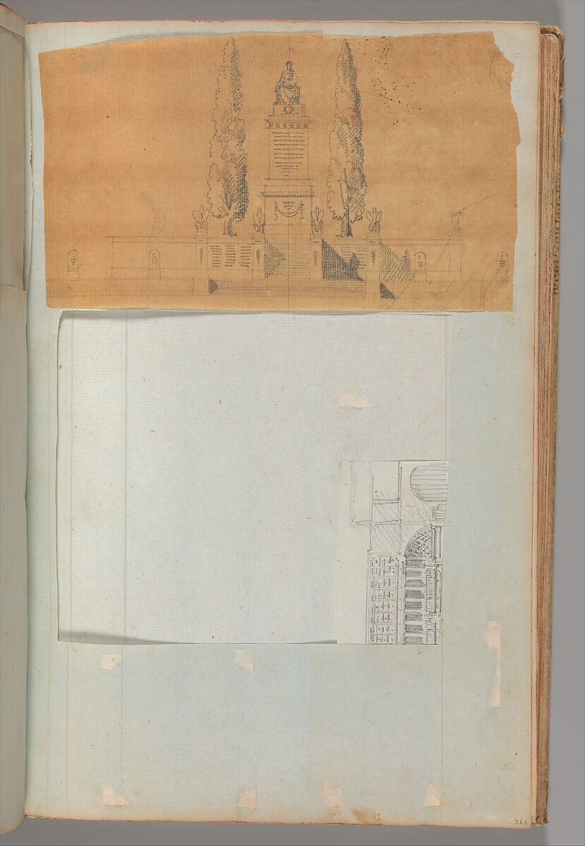 Page from a Scrapbook containing Drawings and Several Prints of Architecture, Interiors, Furniture and Other Objects, Workshop of Charles Percier (French, Paris 1764–1838 Paris), Pen and black and gray ink, graphite, black chalk 