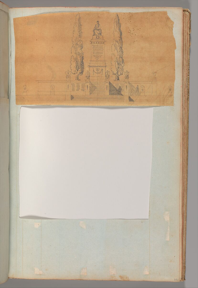 Page from a Scrapbook containing Drawings and Several Prints of Architecture, Interiors, Furniture and Other Objects, Workshop of Charles Percier (French, Paris 1764–1838 Paris), Pen and black and gray ink, graphite, black chalk