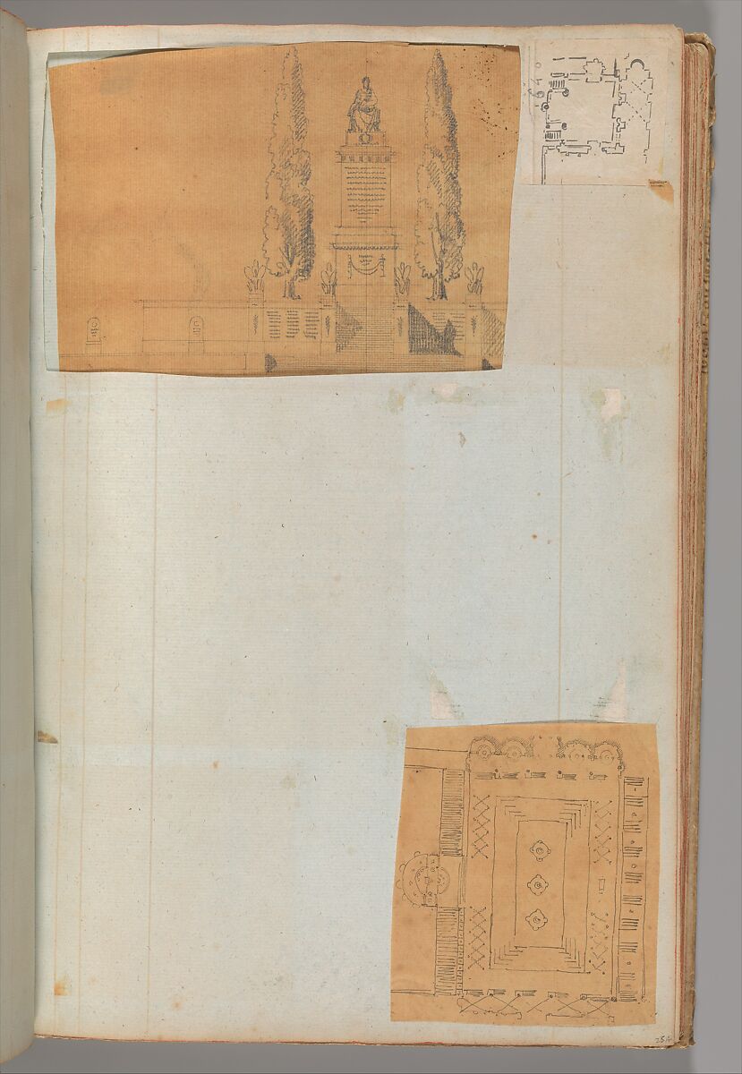 Page from a Scrapbook containing Drawings and Several Prints of Architecture, Interiors, Furniture and Other Objects, Workshop of Charles Percier (French, Paris 1764–1838 Paris), Pen and black and gray ink, graphite, black chalk