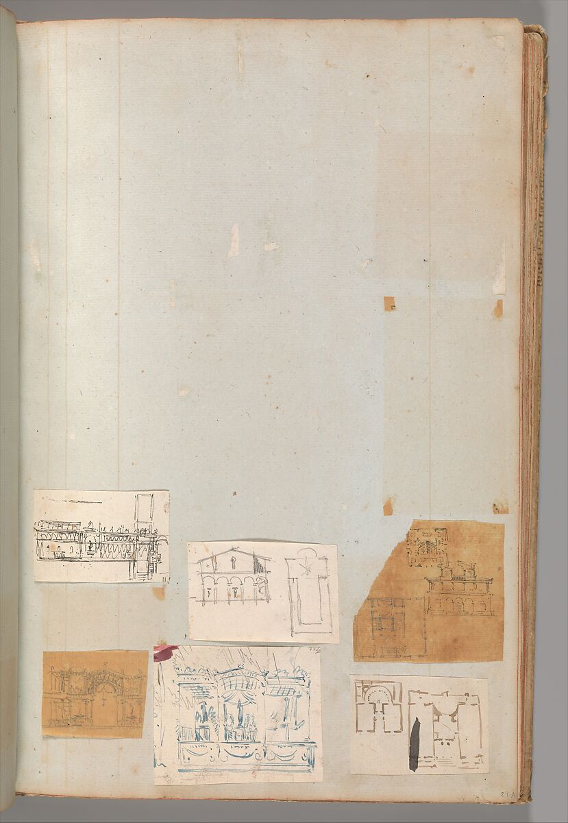 Page from a Scrapbook containing Drawings and Several Prints of Architecture, Interiors, Furniture and Other Objects, Workshop of Charles Percier (French, Paris 1764–1838 Paris), Pen and black and gray ink, graphite, black chalk 