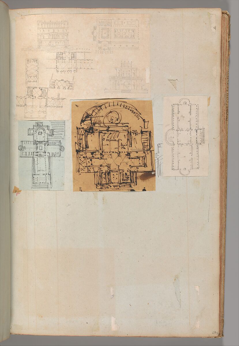 Page from a Scrapbook containing Drawings and Several Prints of Architecture, Interiors, Furniture and Other Objects, Workshop of Charles Percier (French, Paris 1764–1838 Paris), Pen and black and gray ink, graphite, black chalk 