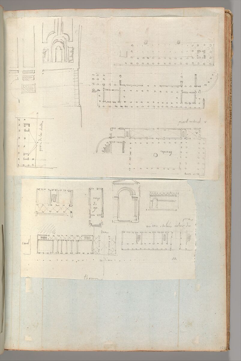 Page from a Scrapbook containing Drawings and Several Prints of Architecture, Interiors, Furniture and Other Objects, Workshop of Charles Percier (French, Paris 1764–1838 Paris), Pen and black and gray ink, graphite, black chalk 