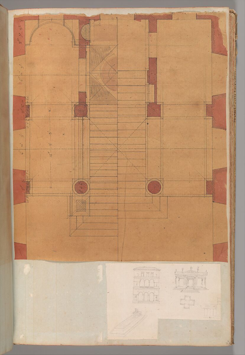 Page from a Scrapbook containing Drawings and Several Prints of Architecture, Interiors, Furniture and Other Objects, Workshop of Charles Percier (French, Paris 1764–1838 Paris), Pen and black and gray ink, graphite, black chalk 