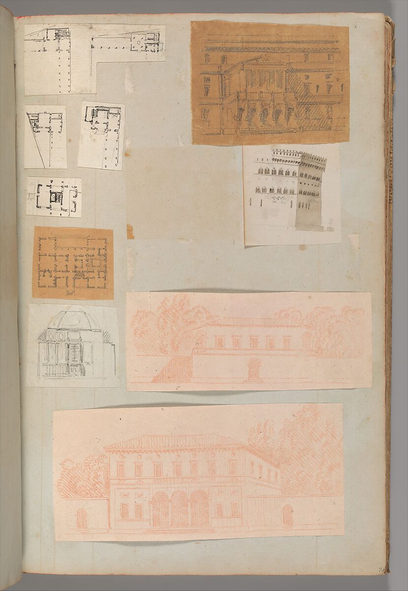 Page from a Scrapbook containing Drawings and Several Prints of Architecture, Interiors, Furniture and Other Objects, Workshop of Charles Percier (French, Paris 1764–1838 Paris), Pen and black and gray ink, graphite, black chalk 