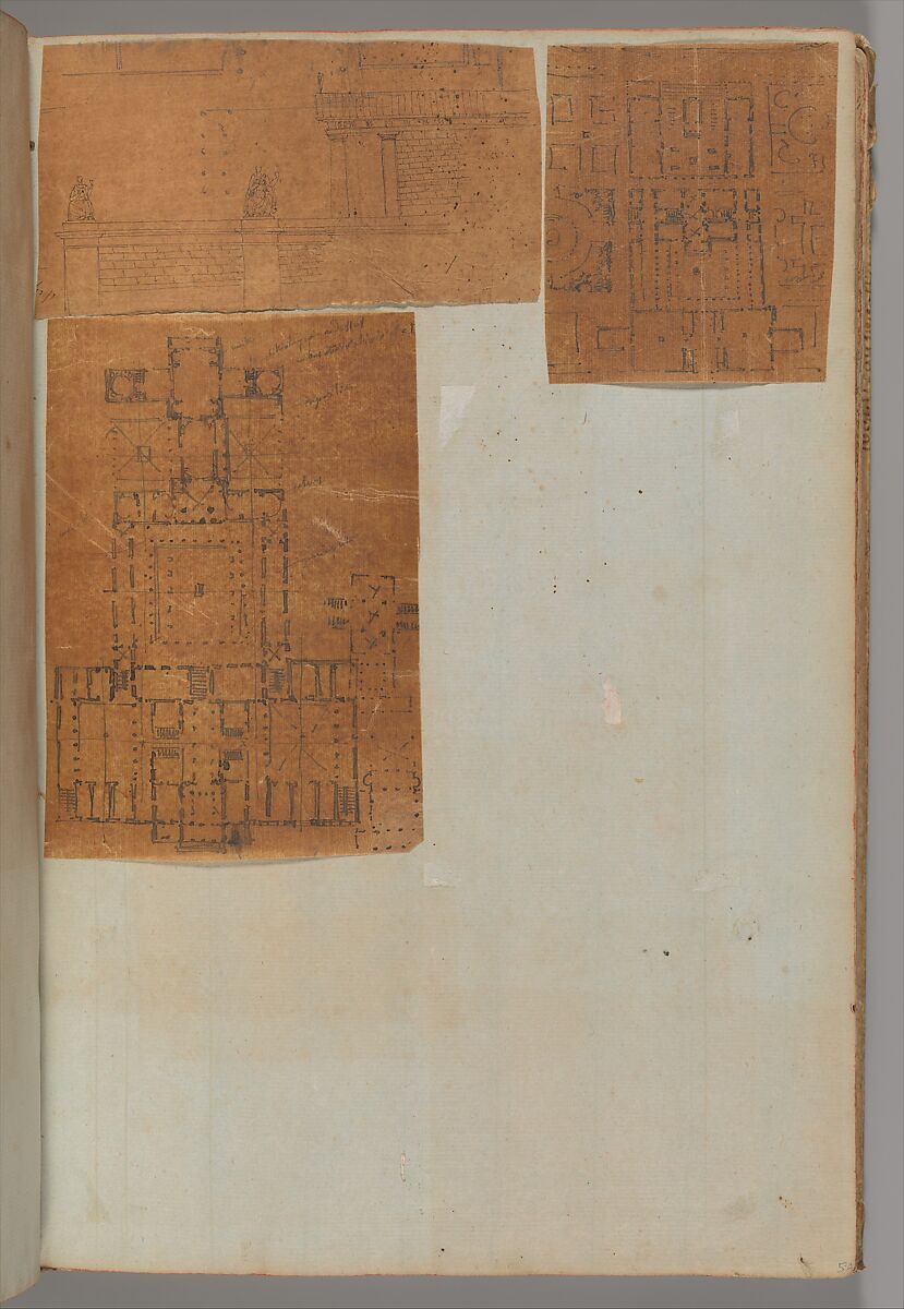 Page from a Scrapbook containing Drawings and Several Prints of Architecture, Interiors, Furniture and Other Objects, Workshop of Charles Percier (French, Paris 1764–1838 Paris), Pen and black and gray ink, graphite, black chalk 