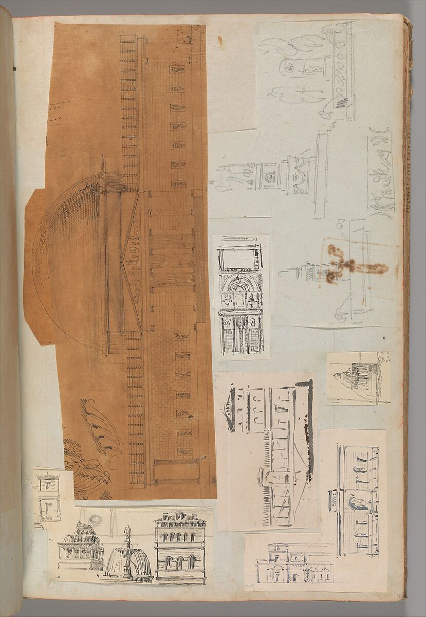 Page from a Scrapbook containing Drawings and Several Prints of Architecture, Interiors, Furniture and Other Objects, Workshop of Charles Percier (French, Paris 1764–1838 Paris), Pen and black and gray ink, graphite, black chalk 