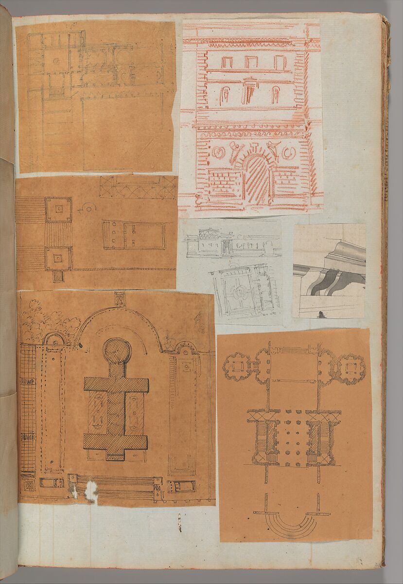 Page from a Scrapbook containing Drawings and Several Prints of Architecture, Interiors, Furniture and Other Objects, Workshop of Charles Percier (French, Paris 1764–1838 Paris), Pen and black and gray ink, graphite, black chalk 