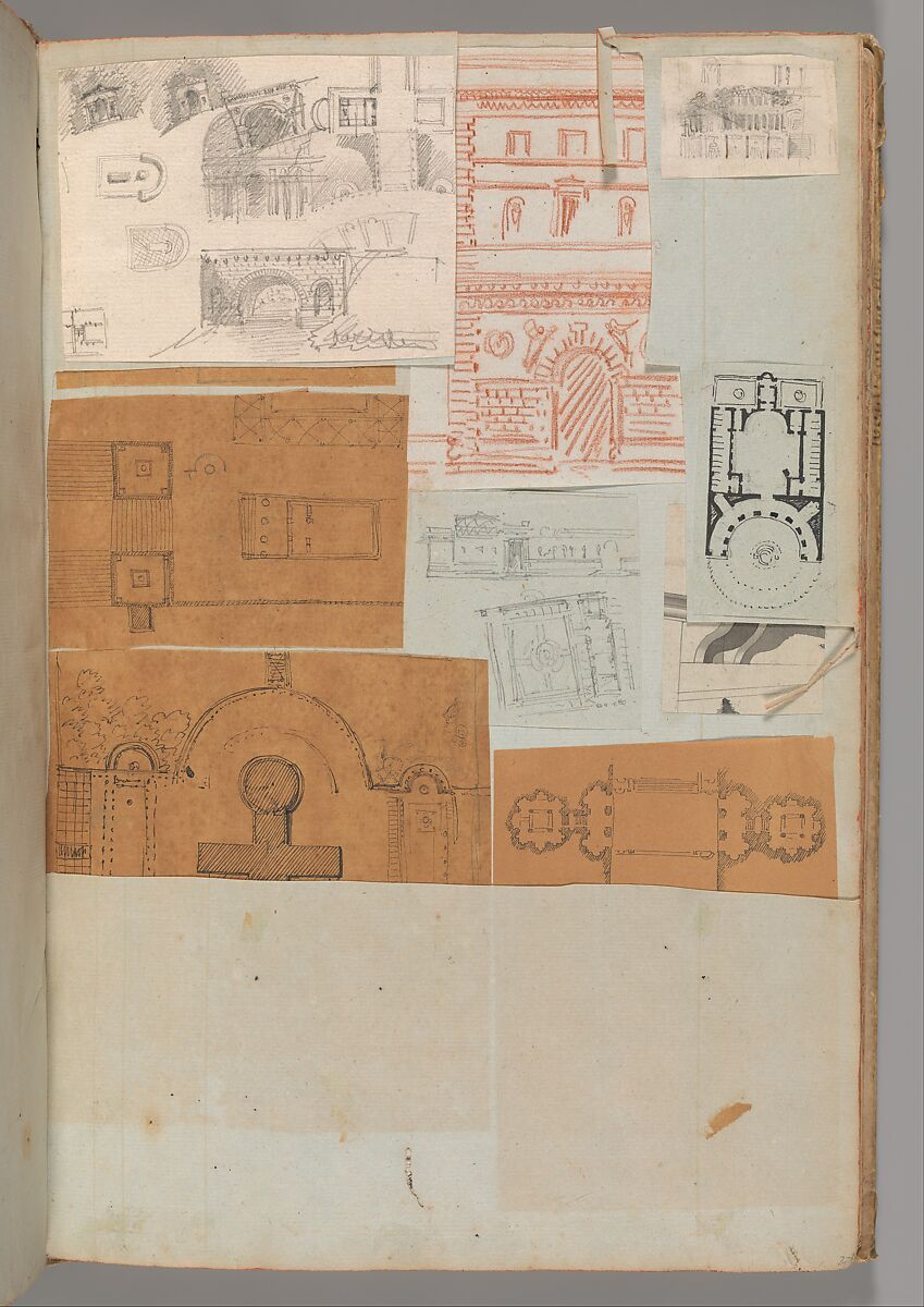 Page from a Scrapbook containing Drawings and Several Prints of Architecture, Interiors, Furniture and Other Objects, Workshop of Charles Percier (French, Paris 1764–1838 Paris), Pen and black and gray ink, graphite, black chalk 