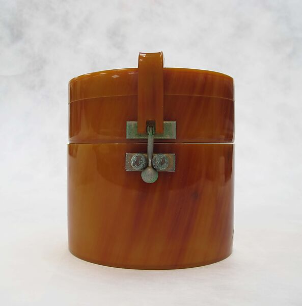 Purse, plastic (cellulose acetate), metal (copper), American