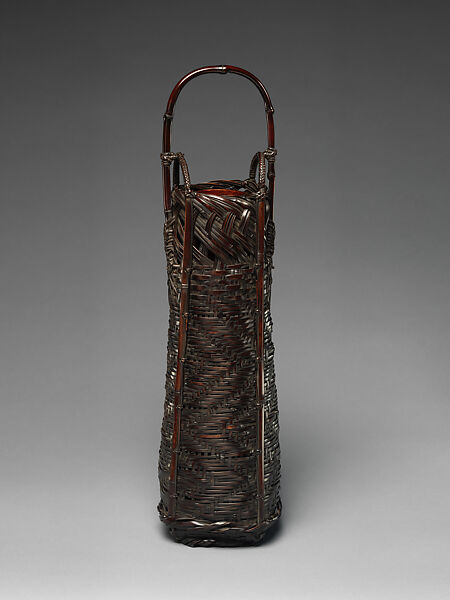 Soaring Cliff Flower Basket (Hanakago), Suzuki Gengensai (Japanese, 1891–1950), Dark purple-black smoked timber bamboo and rattan, Japan 
