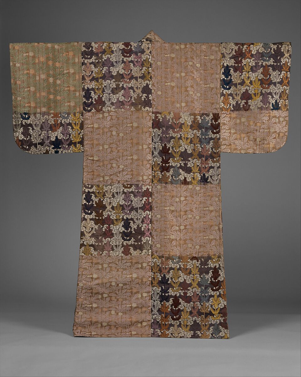 Noh Robe (Atsuita) with Young Pines, Cherry Blossoms, and Dandelions, Twill-weave silk brocade, Japan 