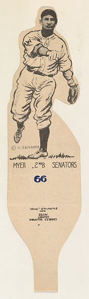Card Number 66, Charles Solomon "Buddy" Myer, 2nd Base, Senators, from the Al Demaree Die-Cuts series (R304) issued by the Dietz Gum Company, Original drawing by Al Demaree, Commercial lithograph 