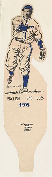 Card Number 156, Elwood "Woody" English, 3rd Base, Cubs, from the Al Demaree Die-Cuts series (R304) issued by the Dietz Gum Company, Original drawing by Al Demaree, Commercial lithograph 