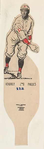 Card Number 112, Harvey "Gink" Hendrick, 2nd Base, Phillies, from the Al Demaree Die-Cuts series (R304) issued by the Dietz Gum Company, Original drawing by Al Demaree, Commercial lithograph 