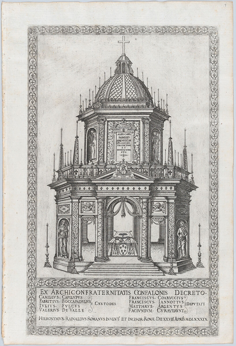 Catafalque for Cardinal Alessandro Farnese; from 'Libro De Catafalchi, Tabernacoli, con varij designi di Porte fenestre et altri ornamenti di Architettura', Girolamo Rainaldi (Italian, Rome 1570–1655 Rome), Engraving 