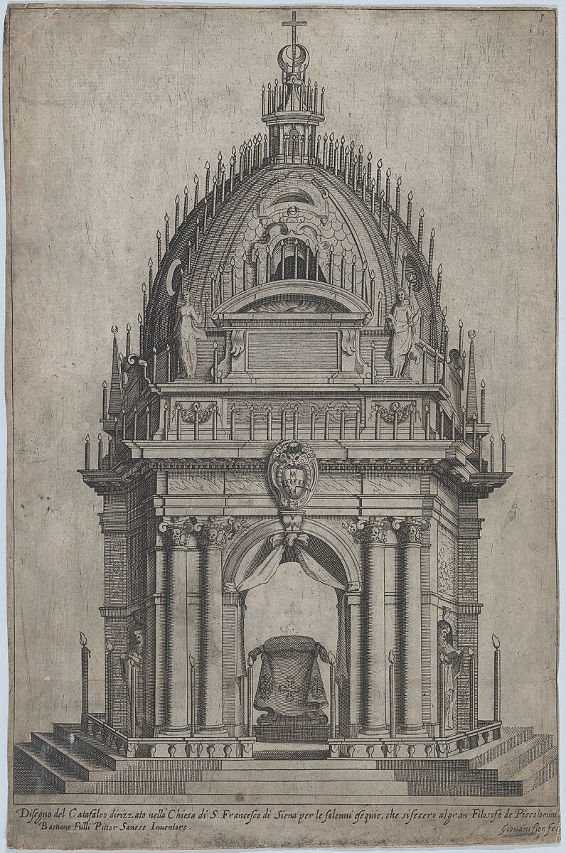 Design of the catafalque for Francesco Piccolomini; from 'Libro De Catafalchi, Tabernacoli, con varij designi di Porte fenestre et altri ornamenti di Architettura', Giovanni Florimi (Italian, active Siena and Rome, 1600–1635), Engraving 