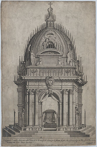 Design of the catafalque for Francesco Piccolomini; from 'Libro De Catafalchi, Tabernacoli, con varij designi di Porte fenestre et altri ornamenti di Architettura'