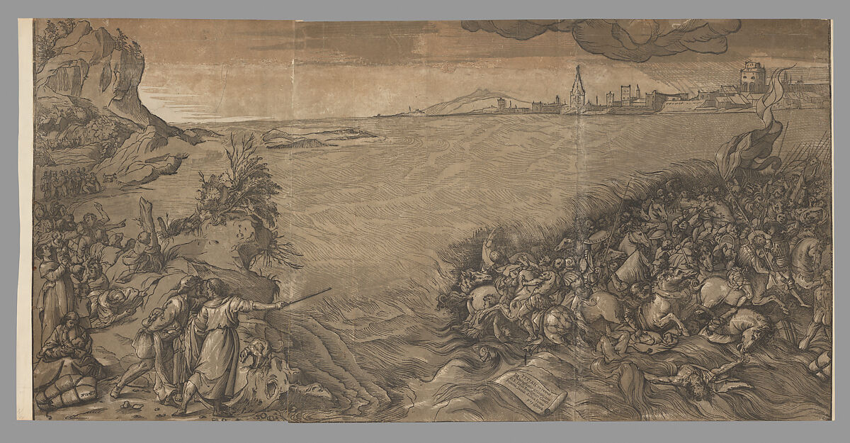 The crossing of the red sea, Moses stands at the left pointing to the army being submerged, after Titian, Andrea Andreani (Italian, Mantua 1558/1559–1629), Chiaroscuro woodcut from four blocks in brown-green, extra strip from another impression with brown hue added across top 