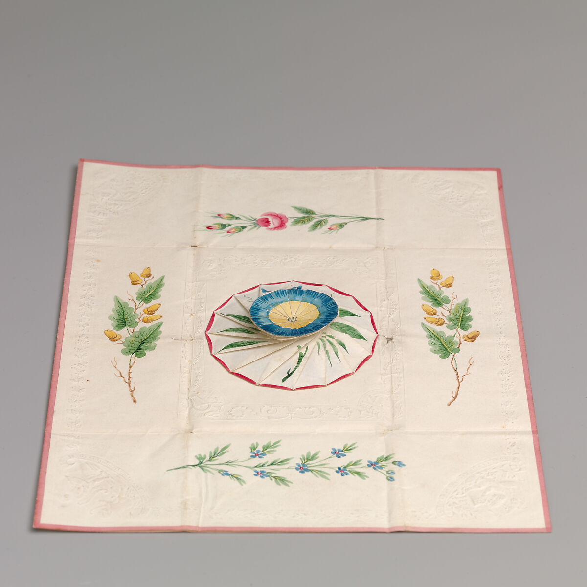 Cobweb Valentine with Morning Glory, Anonymous, British, 19th century, Watercolor, pen and brown ink on cameo-embossed paper